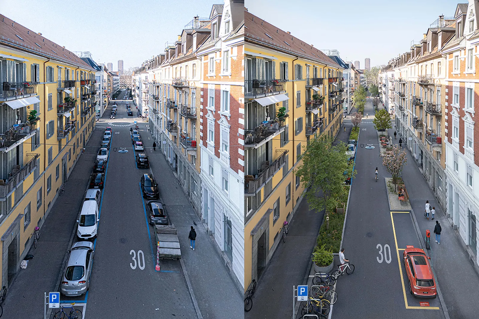 Vorher-nachher-Vergleich einer Stadtstrasse in Zürich: links mit parkenden Autos, rechts verkehrsberuhigt mit mehr Platz für Velos, Fussgänger:innen und Begrünung in einer 30er-Zone.