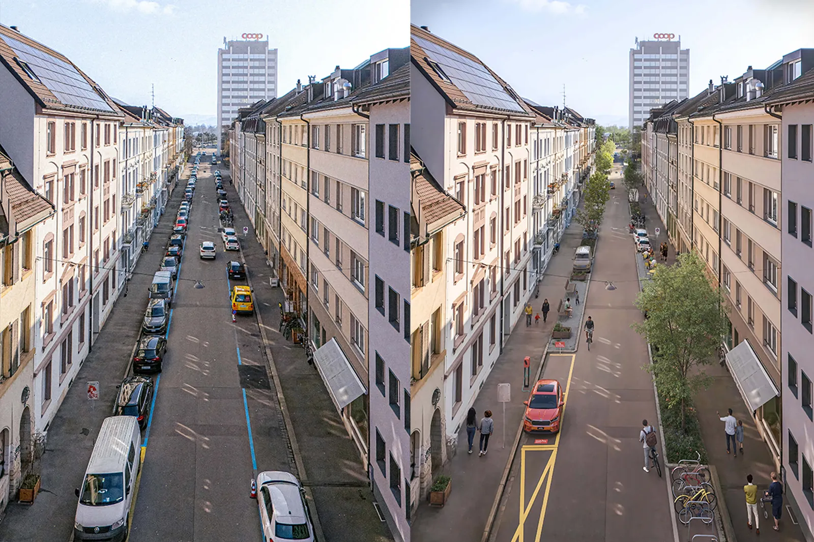 Vorher-nachher-Vergleich einer Quartierstrasse in Basel: links dicht beparkt, rechts umgestaltet mit Grünflächen, Sitzbereichen und mehr Raum für Fussgänger:innen.