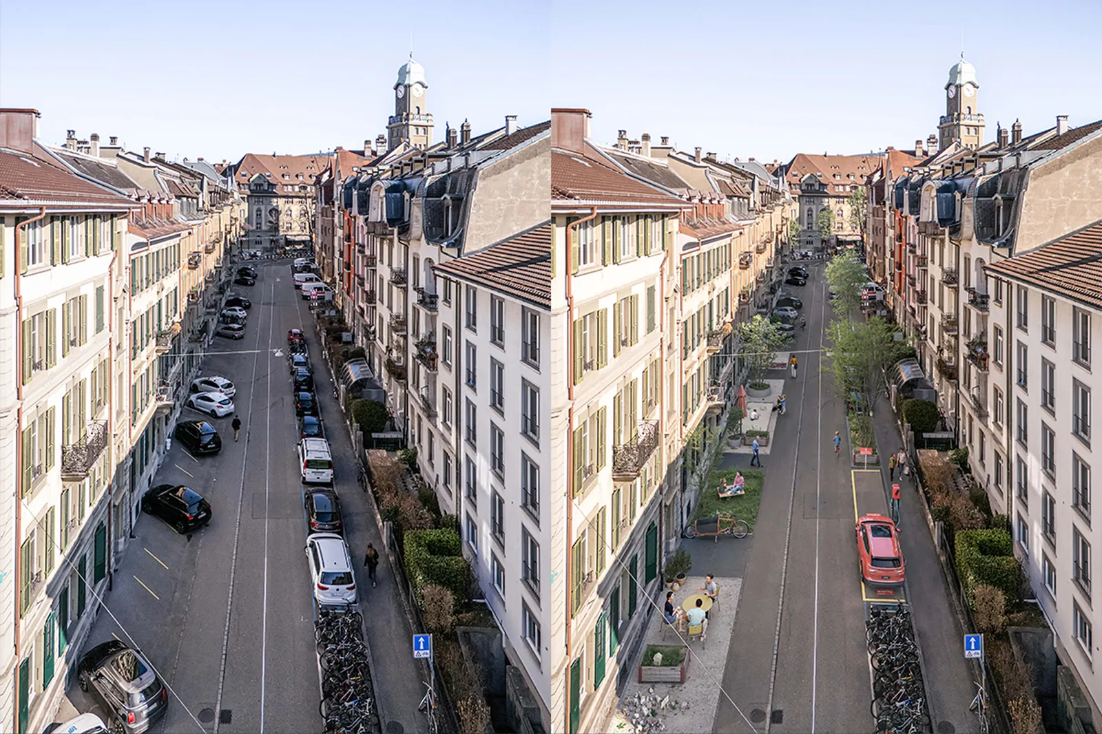 Vorher-nachher-Vergleich einer Wohnstrasse in Bern: links mit vielen parkenden Autos, rechts verkehrsberuhigt mit Bäumen, Velos und Begegnungszone für Anwohner:innen.