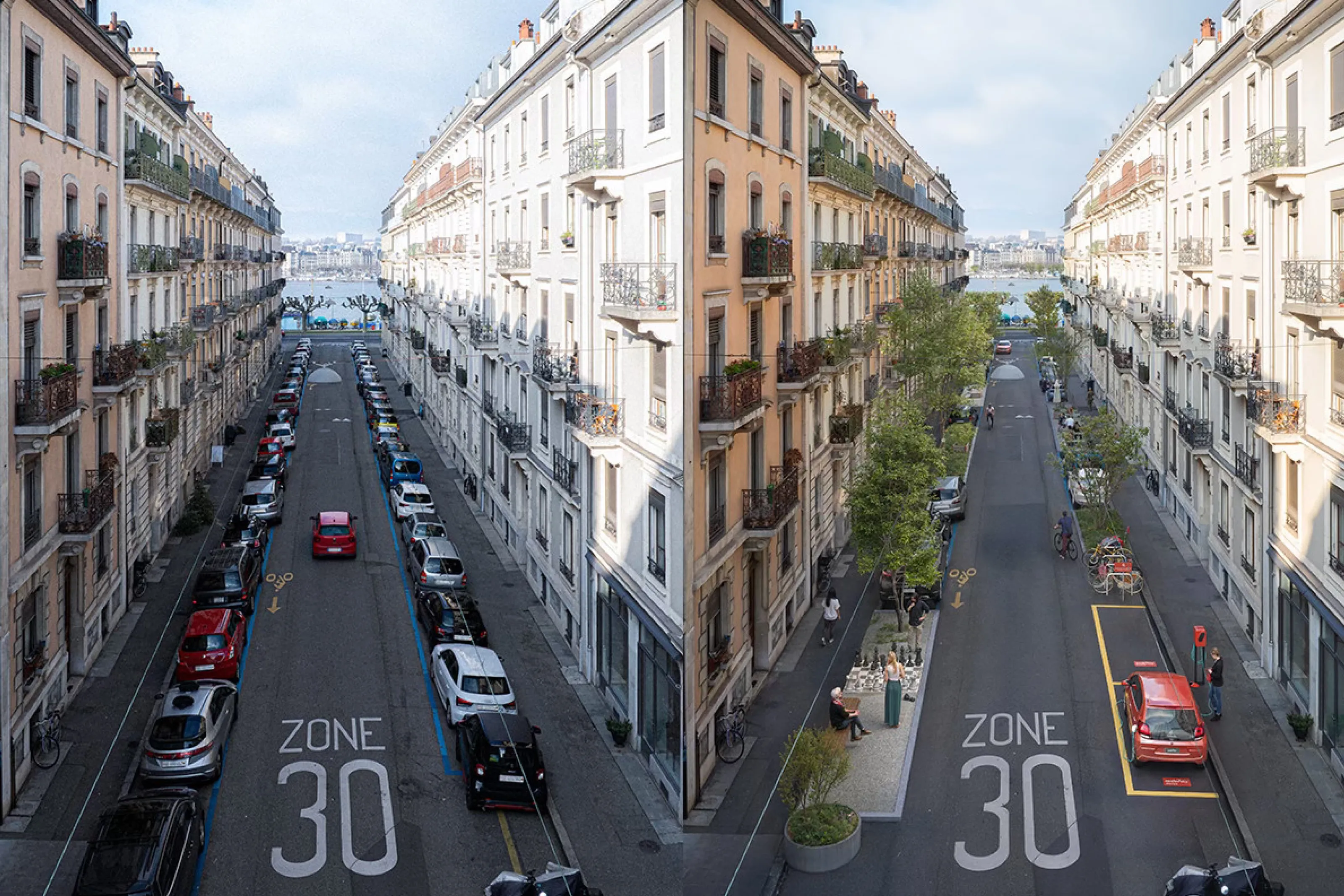 Vergleich einer Stadtstrasse mit vielen parkierenden Autos und einer begrünten Begegnungszone mit mehr Platz für Menschen.